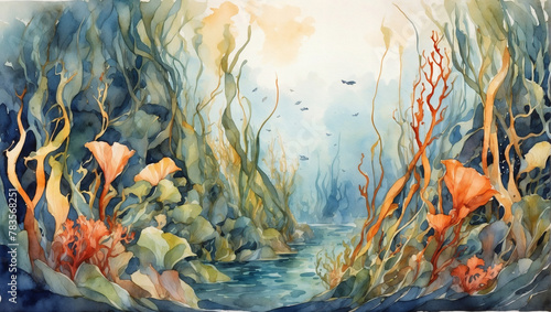 Painting of a kelp forest ecosystem painted in watercolor.