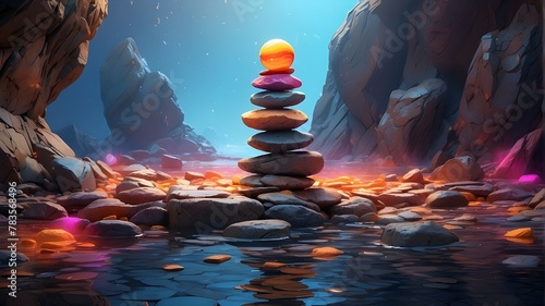 A surrealistic depiction of a stack of rocks on a mystical surface, inspired by abstract expressionism. The rocks are exaggerated in size and shape, appearing almost sculptural in nature, with vibrant