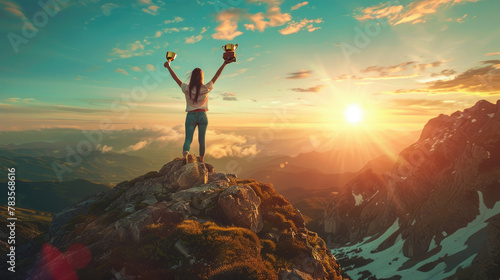 Success images, Winner images, Person standing on top of the mountain, Spring background, sunlight, landscape background
