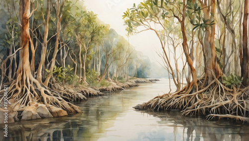 Painting of a mangrove forest ecosystem painted in watercolor. photo