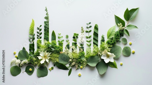 A conceptual green urban skyline crafted from a variety of plants and leaves on a plain background