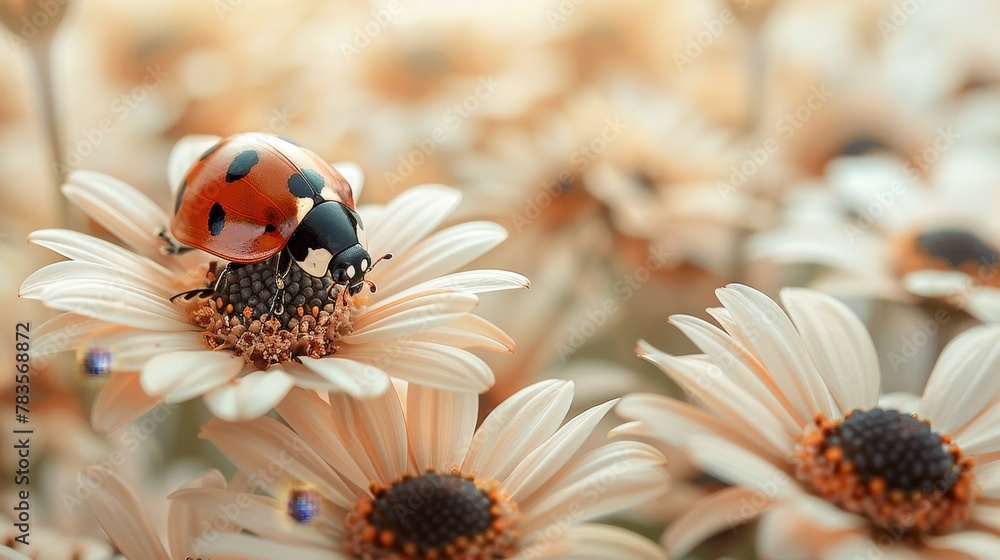 Ladybug on daisies background.