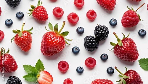 An array of fresh strawberries, raspberries, blackberries, and blueberries isolated on a white background, bursting with color and flavor.. AI Generation. AI Generation