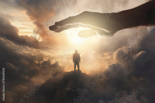 small lonely figure of man stands in heaven in clouds and sees large hand of God. Faith, religion god. all is in God's hands. The righteous is on the true path. Hope and protection of providence photo