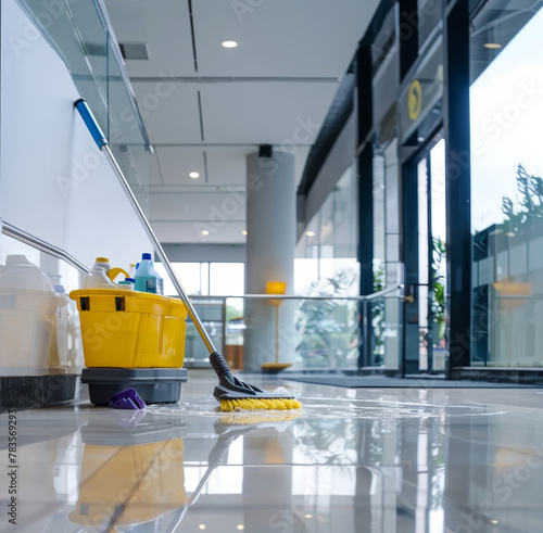 Bucket for washing floors, mop and rag professional cleaning in the office close-up without people