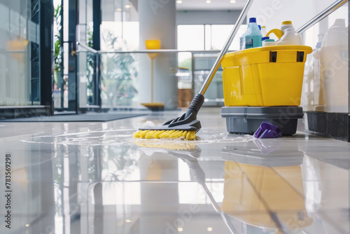 Bucket for washing floors, mop and rag professional cleaning in the office close-up without people