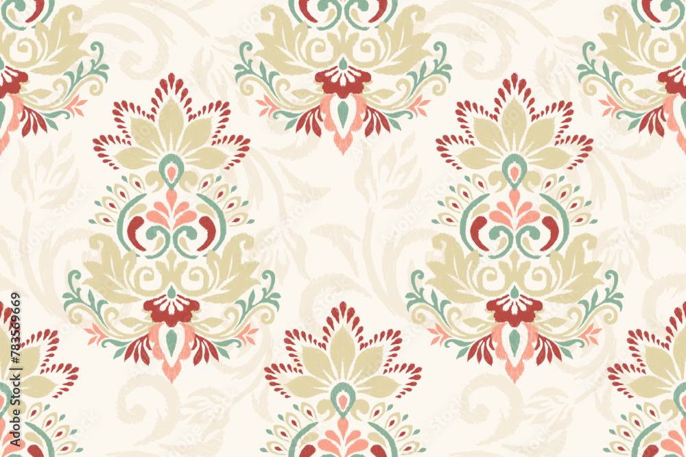 Damask Ikat floral seamless pattern on white background vector illustration.Ikat texture fabric.