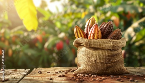 Cocoa Beans in Burlap Bag on Wooden Surface photo