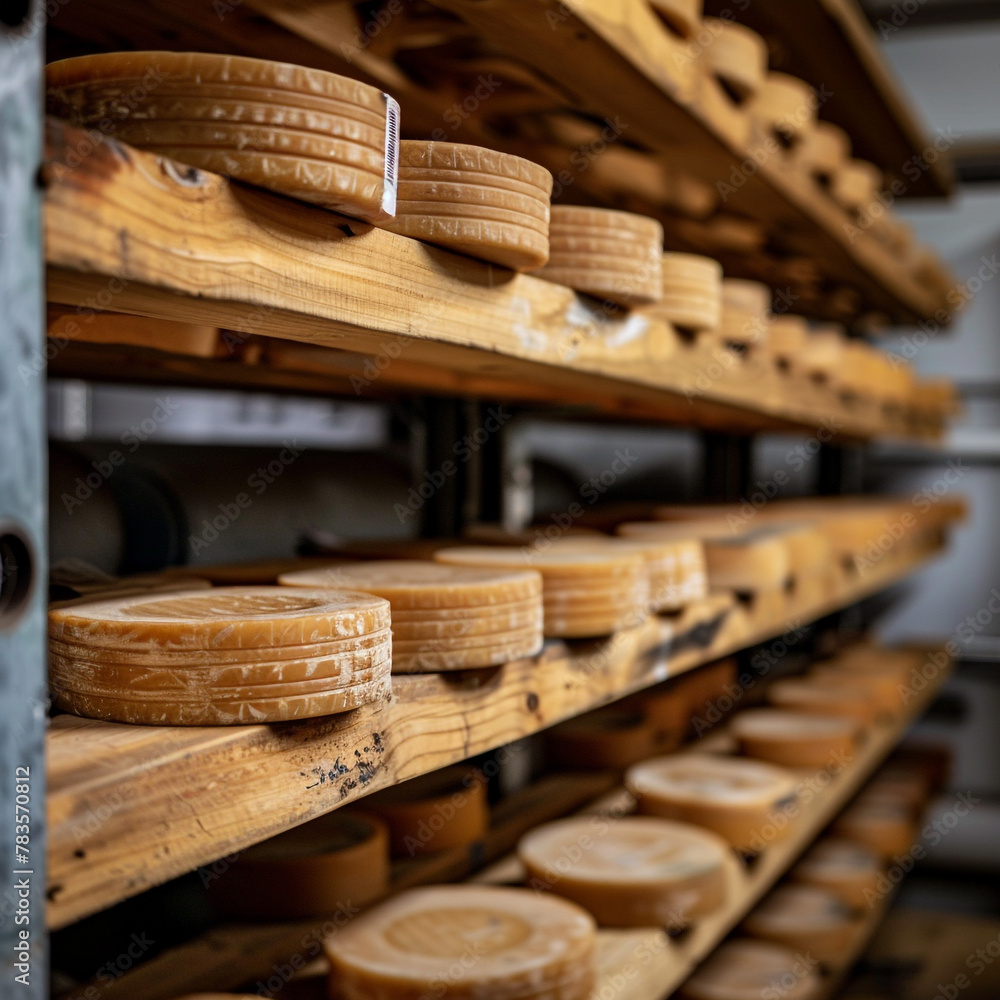 In food illustration, there is cheese in large heads on wooden shelves, a place to store old cheeses, a delicacy,