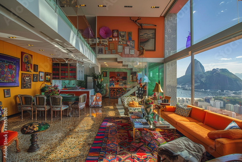 A Riode Janeiro carnival designer's vibrant apartment, with festive decor, an open floor plan, and panoramic views of Sugarloaf Mountain.
