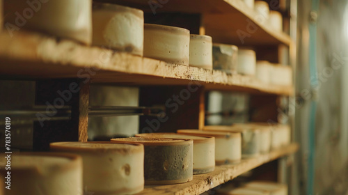In food illustration, there is cheese in large heads on wooden shelves, a place to store old cheeses, a delicacy, © LUKIN IGOR 