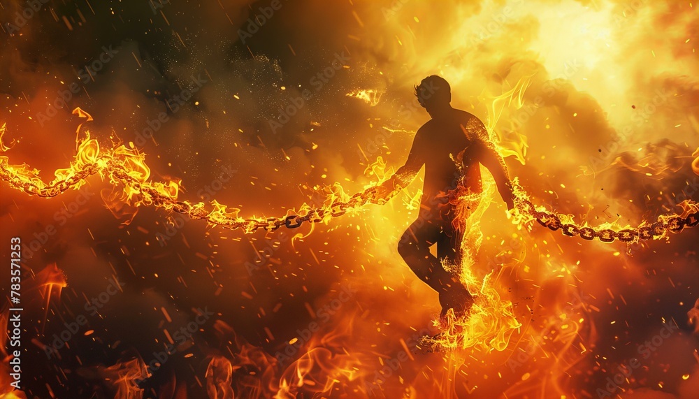 Naklejka premium Conceptual representation of a person breaking free from chains with fiery effects.