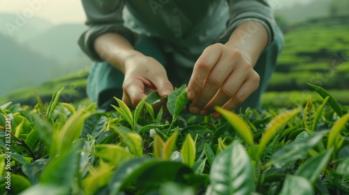 Close-up of a woman's hands delicately harvesting tea leaves, surrounded by verdant fields, in sharp 4k