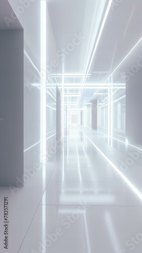 Futuristic corridor interior design. Modern architecture with white and light elements