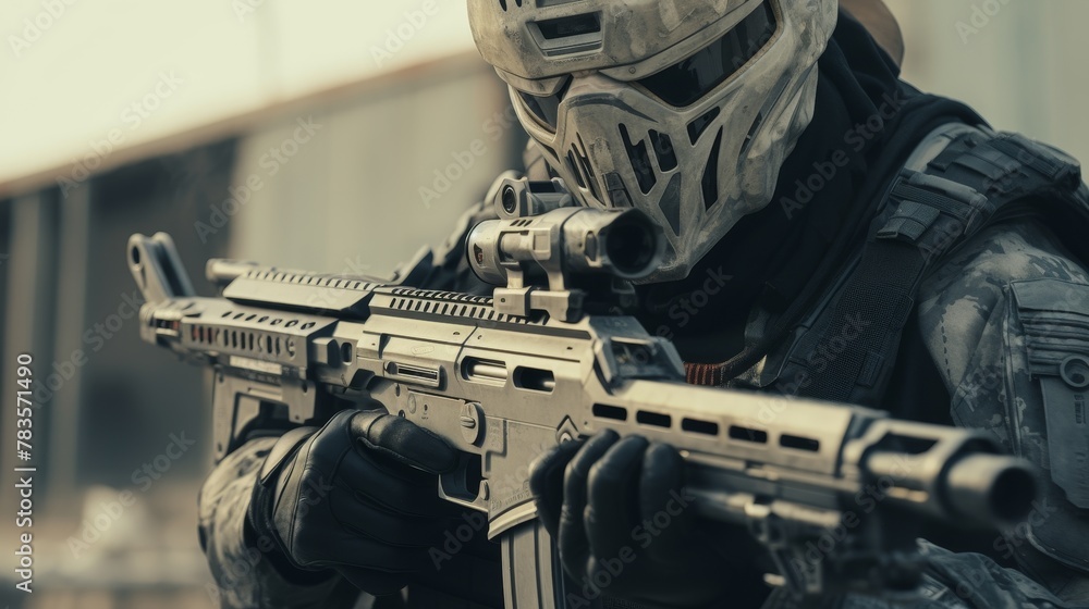 Detailed view of a fully geared soldier with a protective mask aiming his rifle, epitome of precision and readiness, in 4k Detailed view of a fully geared soldier with a protective mask aiming his rifle, epitome of precision and readiness, in 4k
