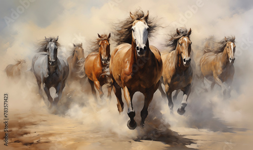 Galloping many horses emerges from the dust and smoke. Generative AI. H003