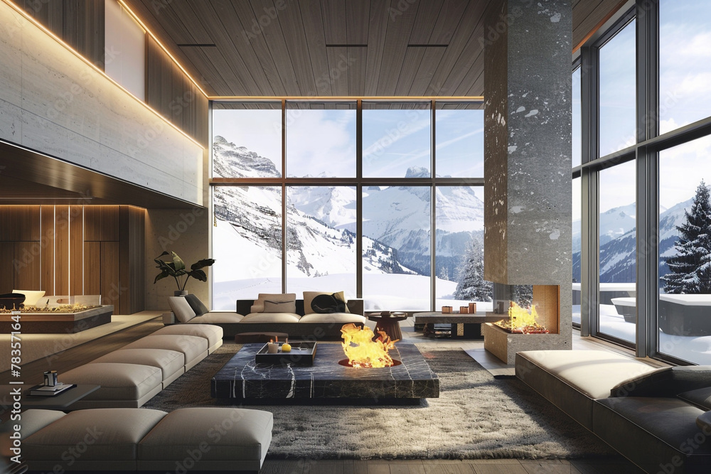 A luxury apartment in Zurich, with Swiss precision design, a modern fireplace, and windows that frame the snow-covered Alps.