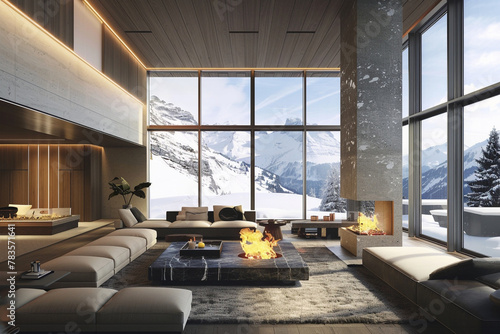 A luxury apartment in Zurich, with Swiss precision design, a modern fireplace, and windows that frame the snow-covered Alps. © Yasin Arts