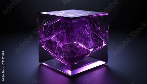 Purple sparkled geometric decorated glass cube with reflections isolated on dark background © Lied