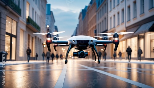 An advanced quadcopter drone equipped with a camera hovers above a city street in the early evening, monitoring urban activity.. AI Generation. AI Generation photo