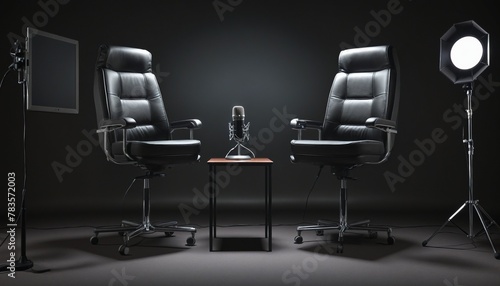 two chairs and microphones in podcast or interview room in bright colours 