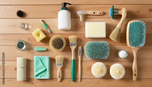A collection of ecofriendly cleaning supplies arranged neatly on a natural wooden surface in bright colours 