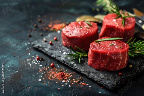 Black Angus Beef Filet Mignon Steaks Seasoned with Rosemary, Pepper and Salt on Rustic Board