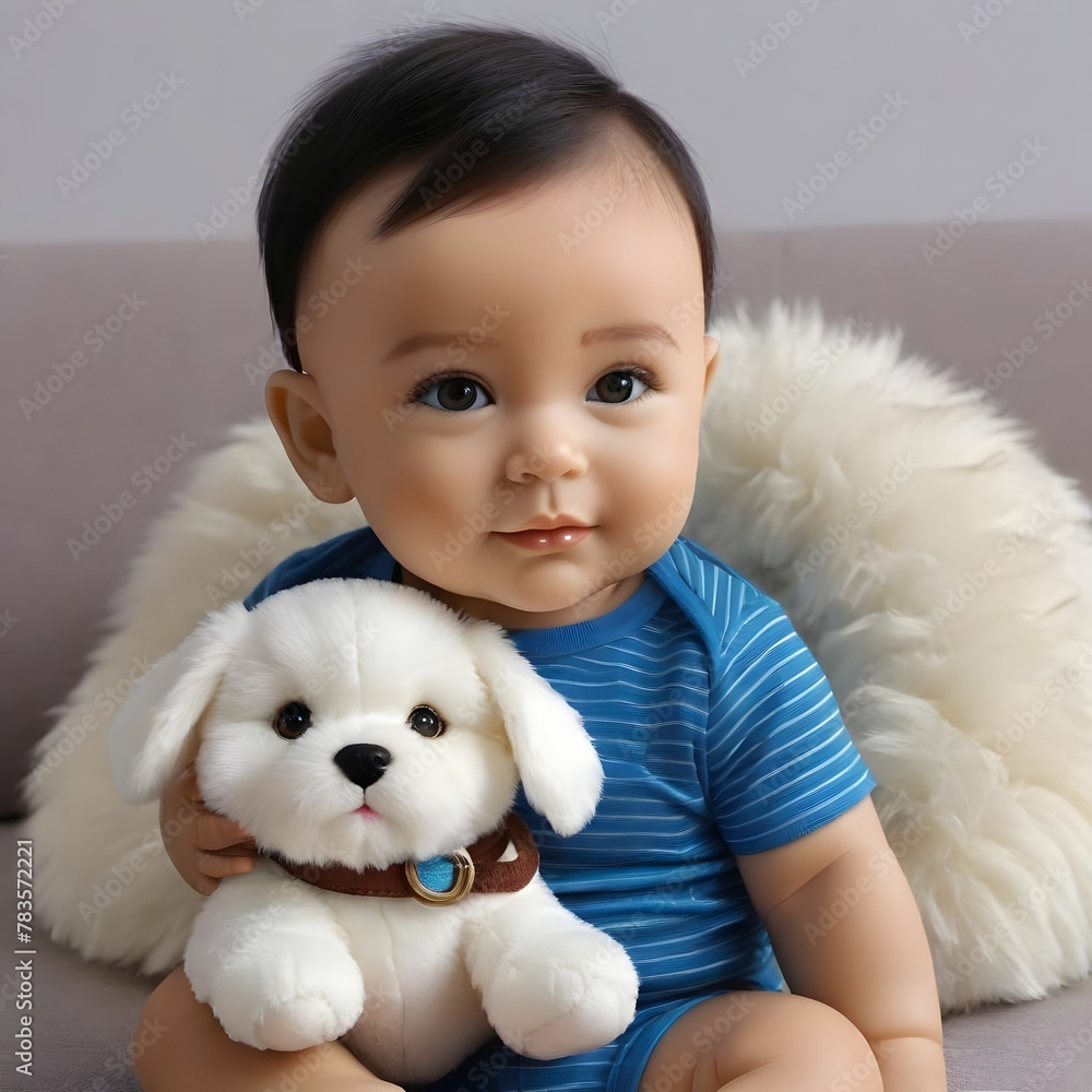 Portrait of Cute Baby Boy Holding a Stuffed Dog
