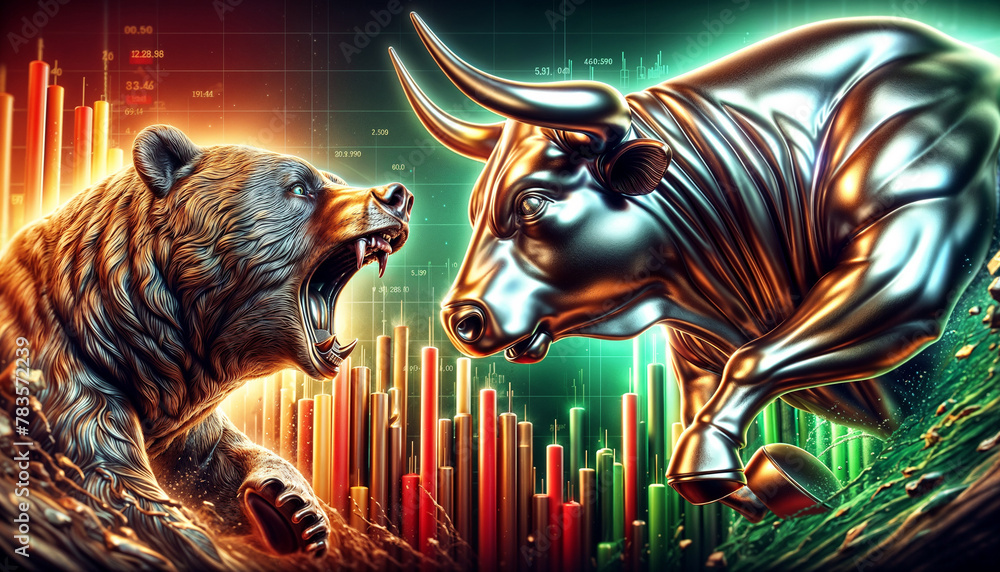 Bull vs bear, symbols of stock market trends, fierce market battle in red and green charts Bull vs bear, symbols of stock market trends, fierce market battle in red and green charts