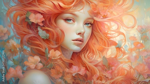 Flamehaired damsel, bloomladen, tranquil allure, whispers of flowers in pastel