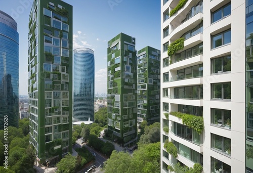 Sustainable green building in modern city in bright colours 