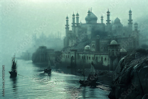 Arabian Medieval City. Generated Image. A digital rendering of a medieval Arabian city with a harbor.