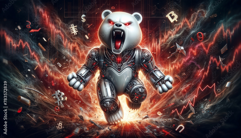 Illustration of roaring robot bear on abstract red charts, stock market. crypto currency Illustration of roaring robot bear on abstract red charts, stock market. crypto currency