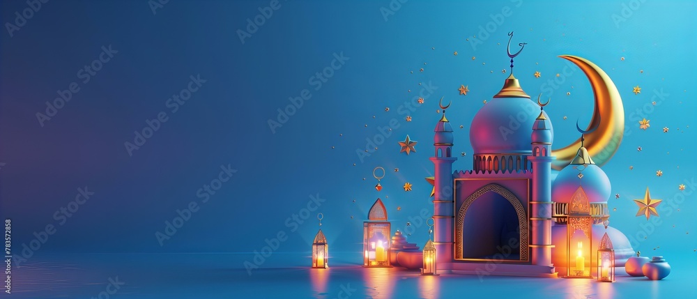 Obraz premium Ramadan Kareem greeting with 3D mosque design and decorative elements. Festive concept for Islamic