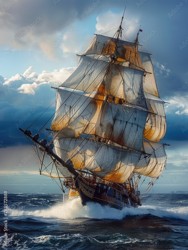 the Age of Exploration through a dynamic tilted angle view Show a ship ...