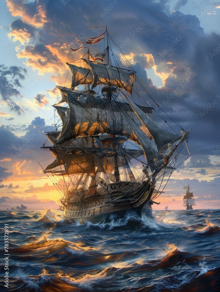the Age of Exploration through a dynamic tilted angle view Show a ship ...