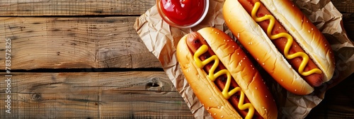 Hot dogs with mustard and ketchup on a rustic wooden board. Classic American fast food concept