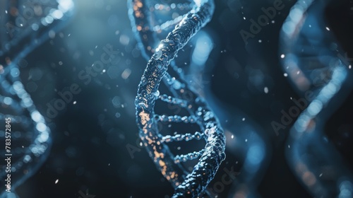 Macro shot of intricate DNA helix on dark background, enhancing details for genetic studies, disease cures, and familial DNA testing, highly detailed graphic, perfect for scientific insights, photo