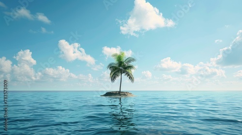 Tiny island with one palm tree in the middle of an ocean