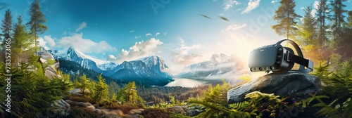 VR headset positioned with scenic mountain and lake background. Virtual reality and technology immersion concept