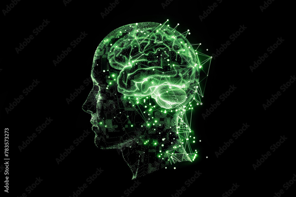 A mans head is surrounded by vibrant green lights, creating an otherworldly and mesmerizing aura