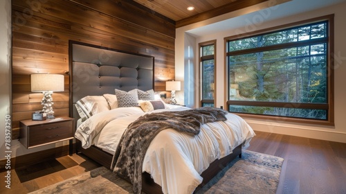 A cozy bedroom has been transformed into a luxurious retreat thanks to the addition of dark woodgrain fiber cement panels on one wall. The panels add a touch of warmth and richness .