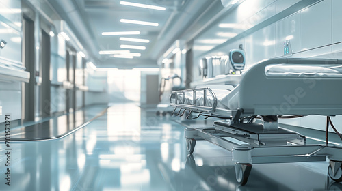 A hospital room featuring a row of beds and carts lined up neatly, ready for patient care and treatment