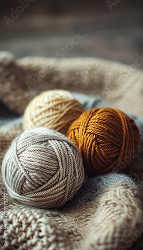 Stacked wool yarn balls in natural tones on a rustic background. Handcraft and knitting concept