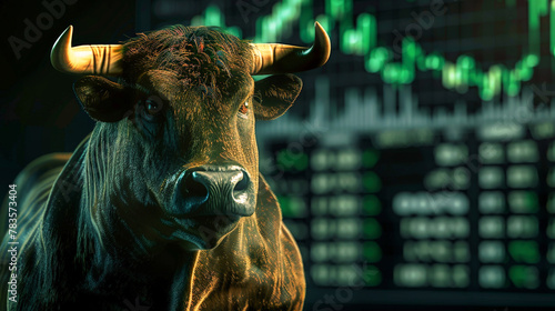A bull standing confidently in front of a digital stock chart, symbolizing a bullish market trend and potential for financial growth