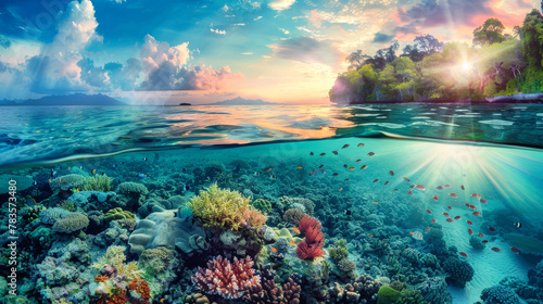 A coral reef stretches out in front of a small tropical island in the distance