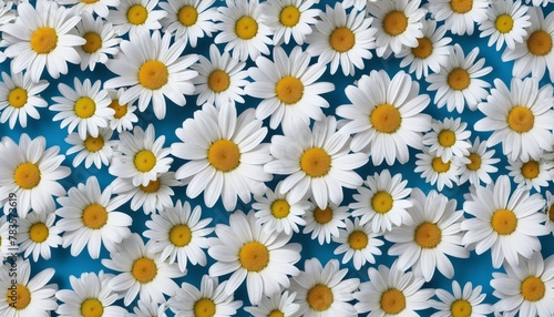 Flower border frame made of white and blue Daisy flowers on blue background in bright colours 