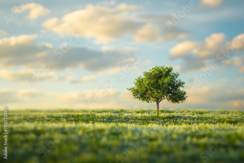 A lone oak tree stands in a beautiful green summer landscape