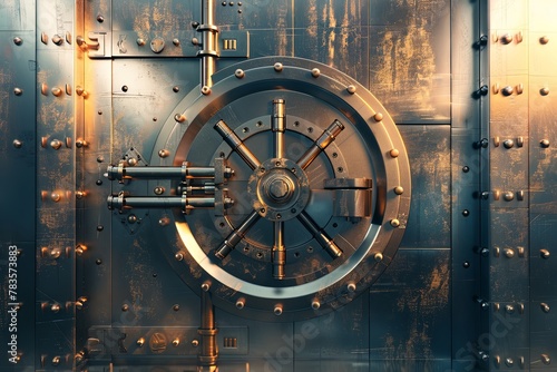 Detailed view of a large imposing bank vault door with a clock attached to it. Generative AI