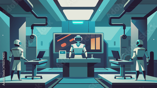 A hightech medical bay with sleek screens displaying vital signs and robotic arms moving seamlessly to aid doctors in surgeries and procedures.